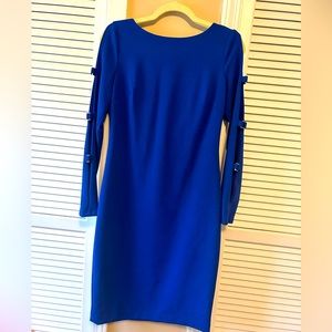 Calvin Klein Royal Blue Sheath Long Sleeve Dress with Gold Details - Size 6